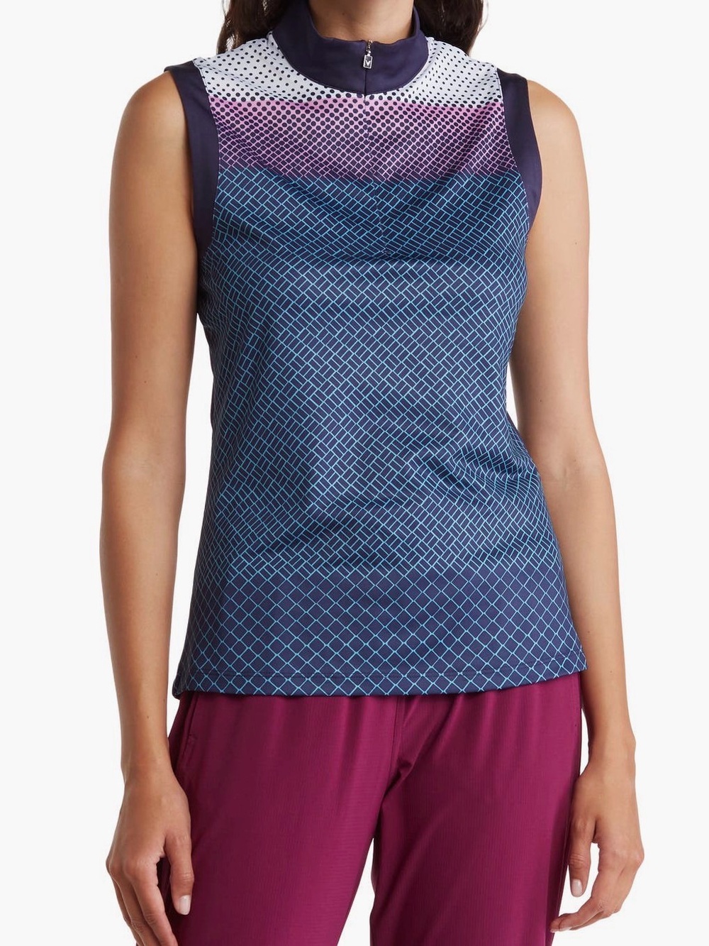 Callaway Navy and Purple Geometric Sleeveless Mock Neck Top
